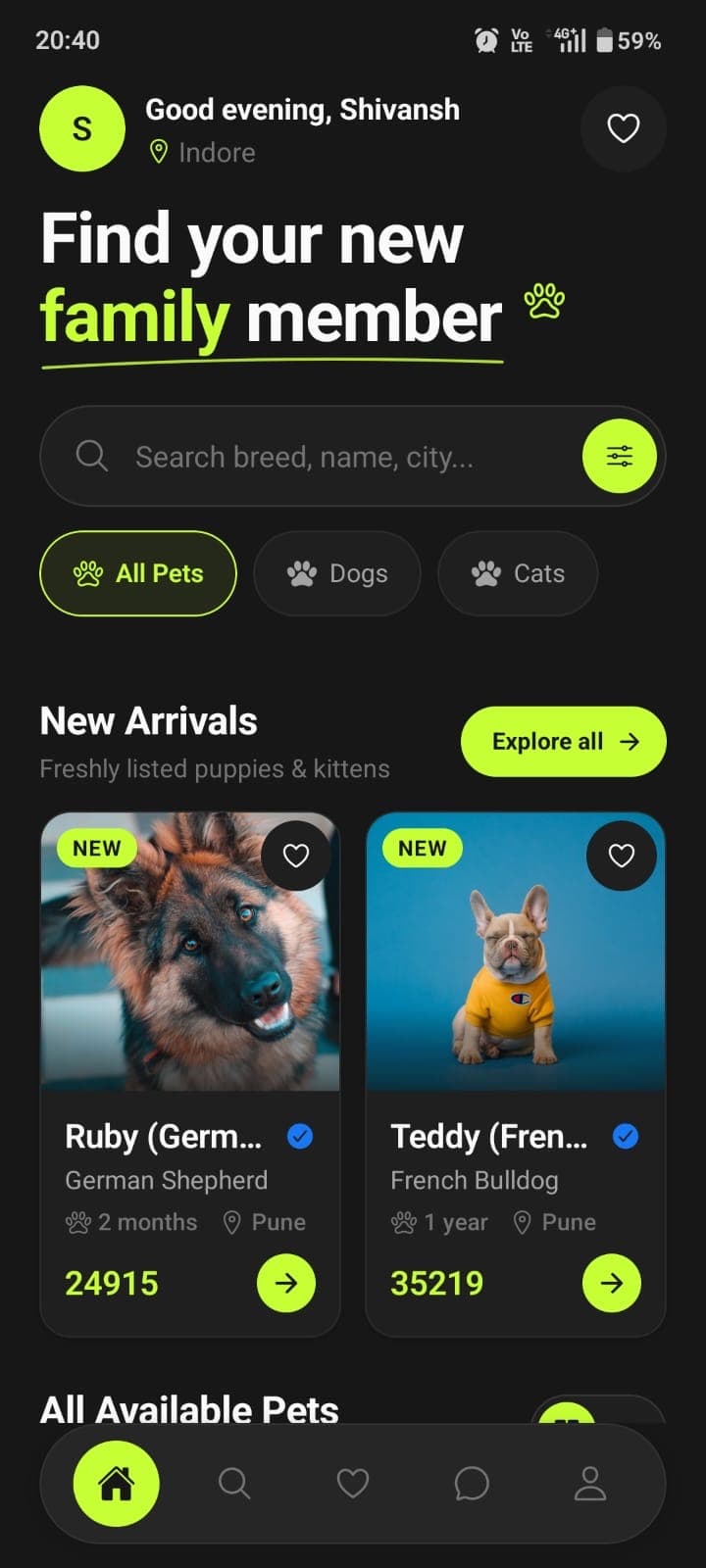 GetPet app home screen — search by breed, name or city, browse All Pets, Dogs or Cats, and see freshly listed puppies and kittens with verified breeder badges
