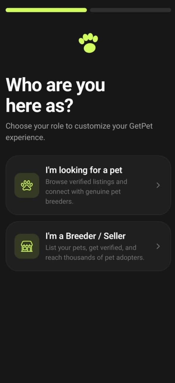 GetPet app onboarding — choosing whether you are looking for a pet or listing as a breeder or seller