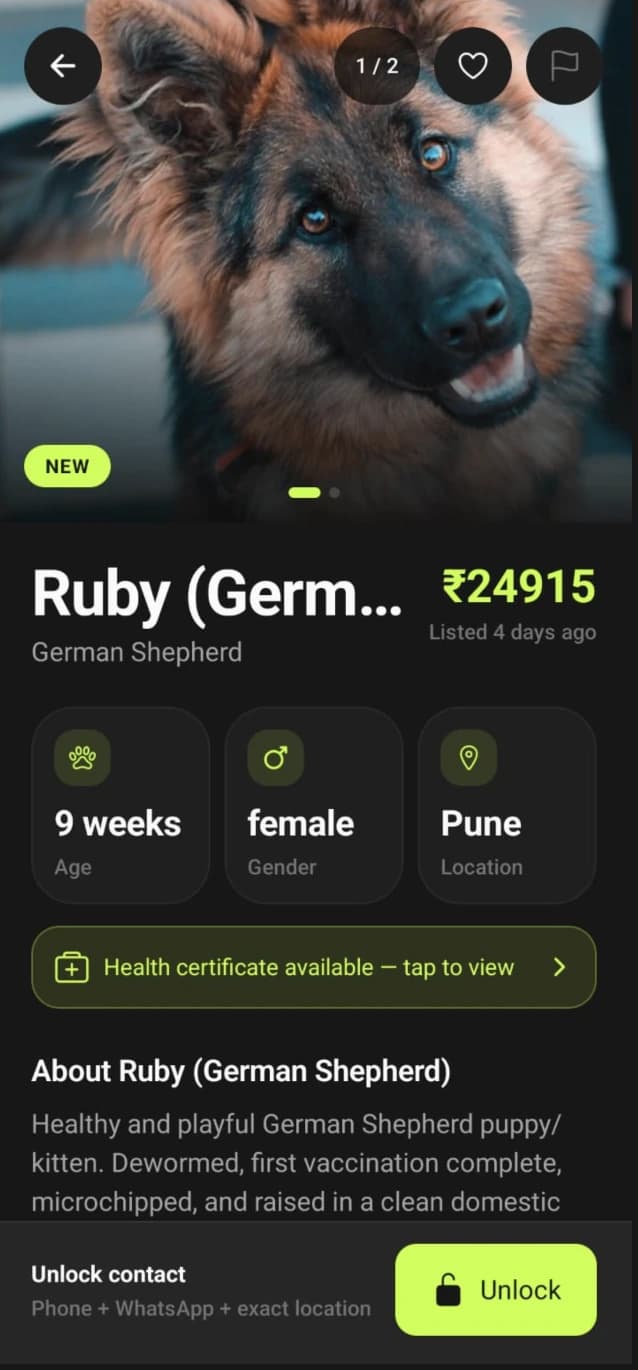GetPet app listing detail — a German Shepherd puppy in Pune with age, gender, health certificate and an Unlock contact button