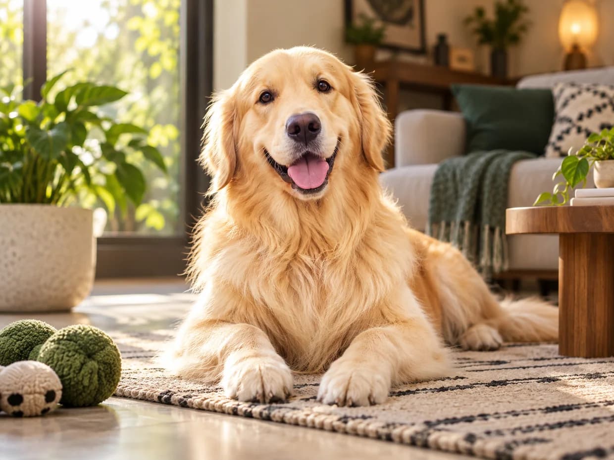 A golden retriever resting in an Indian living room — a GetPet listing photo