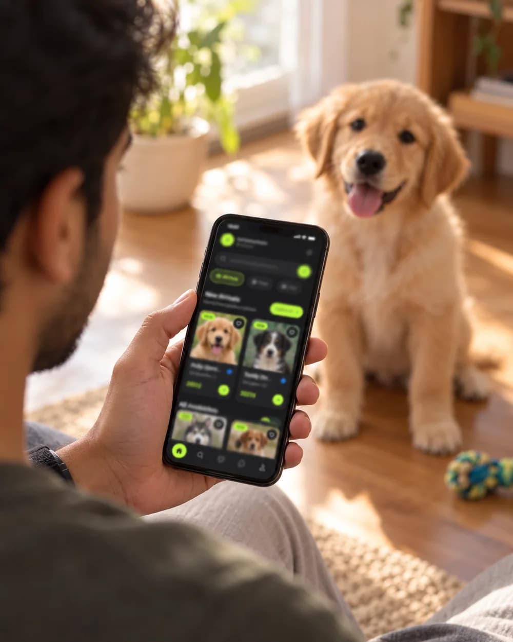 A person holding a phone showing a GetPet listing, with a golden retriever puppy behind