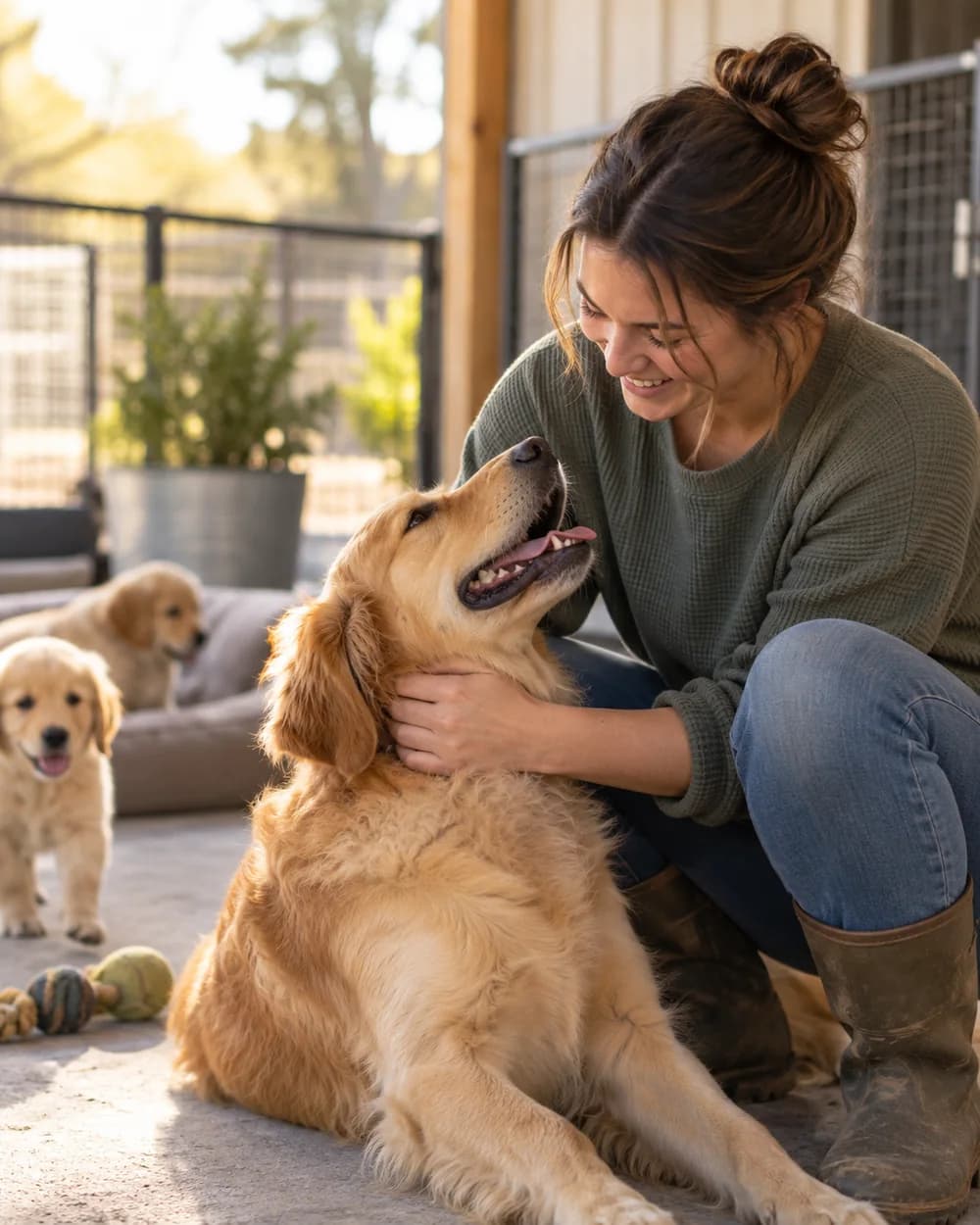A verified GetPet breeder with a golden retriever and her puppies at her kennel